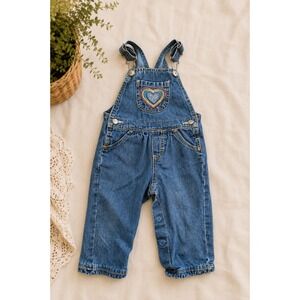 Vintage 90s Baby Denim Overalls 12M Rainbow Heart Embroidered OshKosh B'gosh Y2K